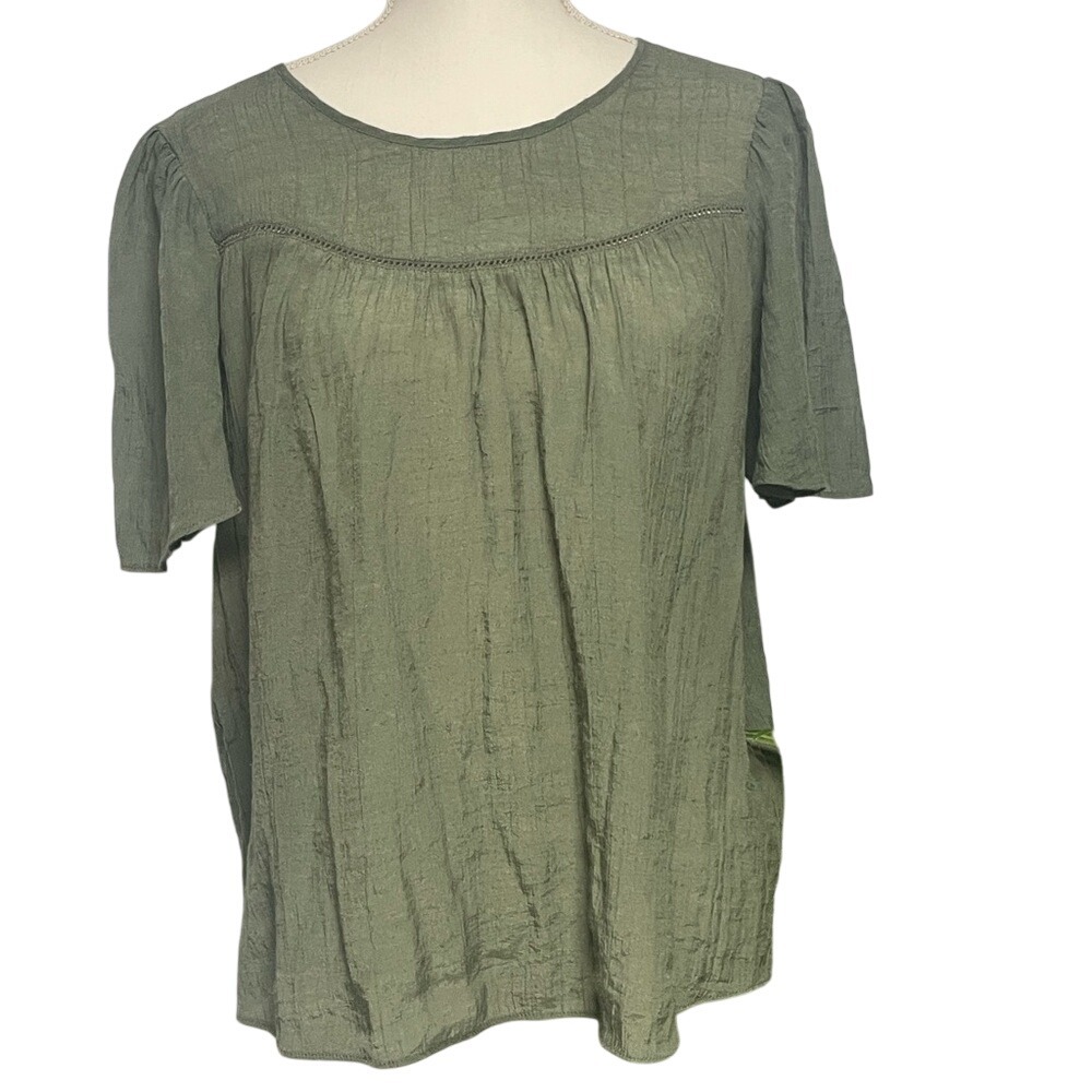 Nanette Lepore Army Green Lightweight Flutter Short Sleeve Blouse‎ Women's Large